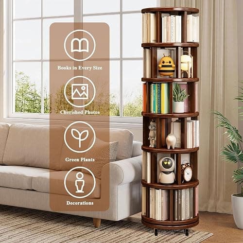 6-Tier Rotating Bookshelf Tower, 360° Solid Wood Rotating Bookcase with Wheels, Vertical-Movement Corner Bookshelves, Spinning Bookshelf for Small Spaces, Bedrooms, Offices, and Kids Room (Walnut) thumbnail 5