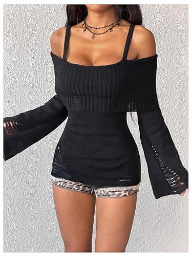SOLY HUX Women's Cold Shoulder Ripped Sweater Goth Punk Long Sleeve Fitted Jumper Pullovers thumbnail 5