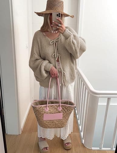 SKIKYAN Women Bowtie Oversized Knit Sweater Cardigan Y2K Long Sleeve V Neck Open Front Casual Knitwears thumbnail 2