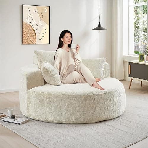 Oversized Round Chaise Longue Chair Indoor, Modern 55-inch Upholstered Chenille Deep Seat Circle Single Cloud Lounge Floor Sofa Chair for Living Room, Bedroom Apartment, Beige - Image 1