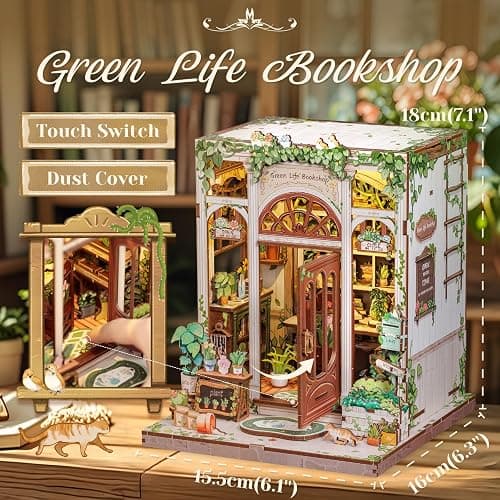 CUTEBEE Book Nook Kit - DIY Miniature House Dollhouse Kit for Adults and Teens, Booknook Tiny House Bookshelf Decor 3D Wooden Puzzle, Gifts for Family Friends (Green Life Bookshop) thumbnail 3
