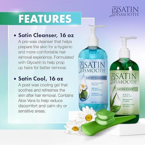SATIN SMOOTH Pre Wax Cleanser & Aloe Vera Post Wax Cooling Gel Duo - Hair Removal Prep and Aftercare Kit, 16 oz thumbnail 4