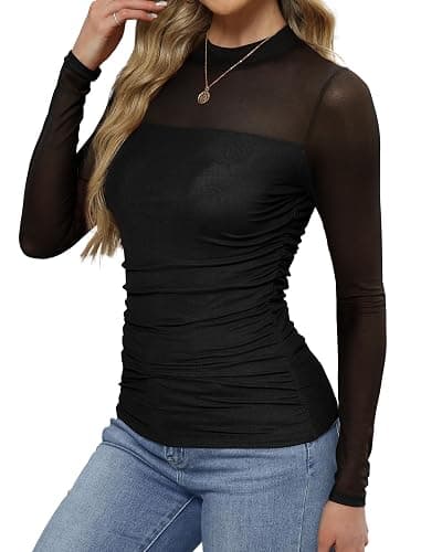 Womens Sexy Mesh Long Sleeve Shirts Fashion Clothing Turtle Necks Sheer Ruched Going Out Tops Fall Outfits Slim Fit Blouses thumbnail 4