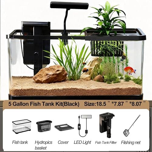 5 Gallon Fish Tank, Aquarium Plastic Starter Kit with Filter, Small Net and LED Light, Fish Tank for Betta, Plastic Nano Aquarium with Lid(18.5 * 7.87 * 8.07 inch/Black) (5 Gallon Fish Tank) thumbnail 2