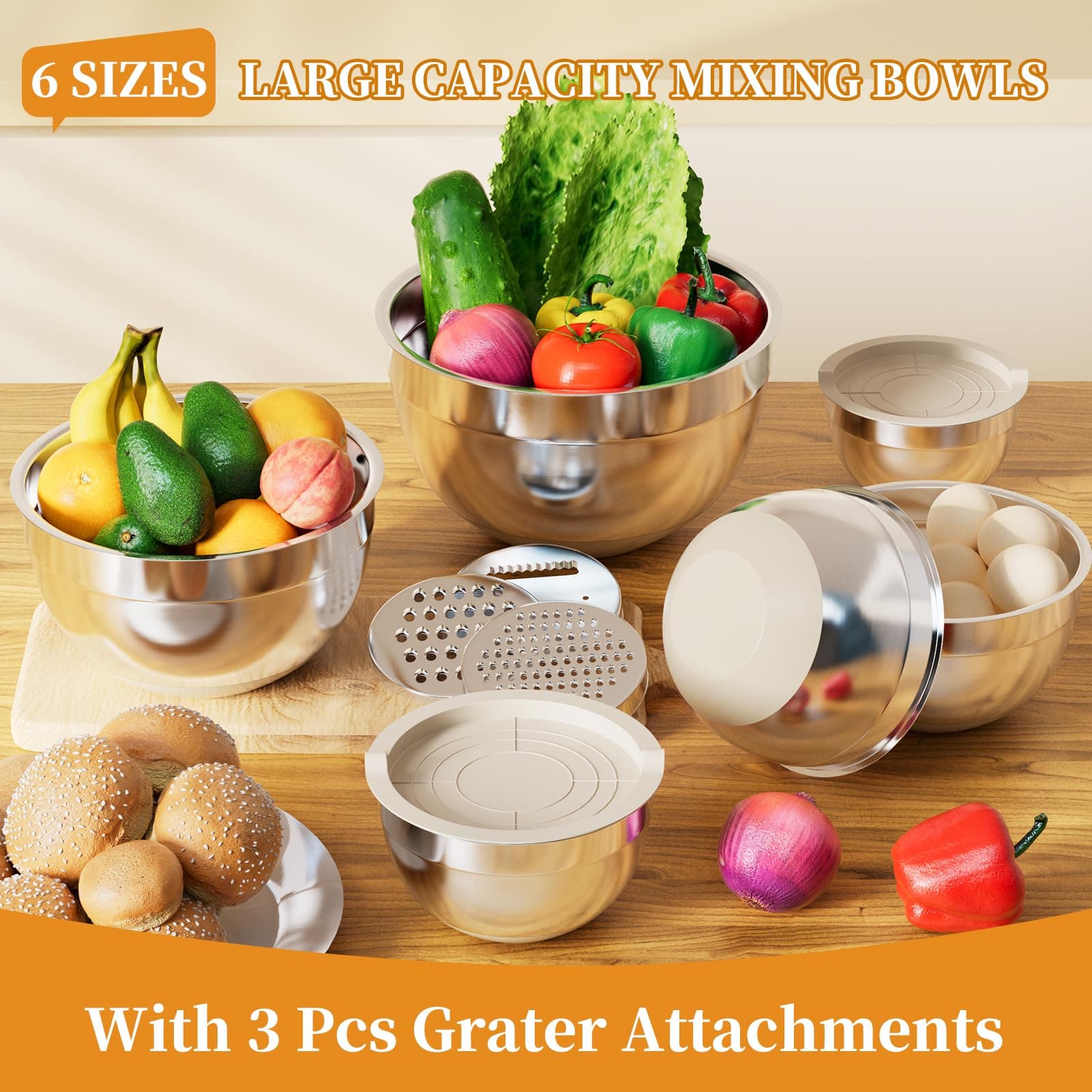 Mixing Bowls with Lids Set, 6 Piece Stainless Steel Nesting Storage Bowls for Kitchen, with 3 Grater Attachments & Non-Slip Bottoms, Size 5.5,3.5,2.5,2.1,1.5,1.1 QT thumbnail 3