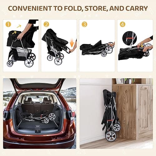 ZENY Foldable Pet Stroller, Cat/Dog Stroller with 4 Wheel, Pet Travel Carrier Strolling Cart with Storage Basket, Cup Holder (Black) thumbnail 4