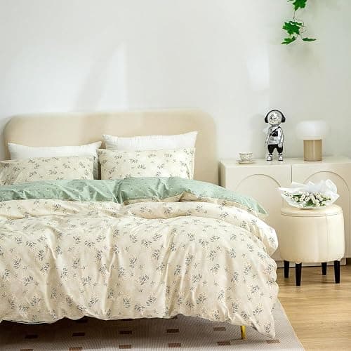 Duvet Cover King Size Floral, 100% Cotton 3 Pieces King Bedding Set Flowers, Garden Style Green Flower Pattern King Flower Duvet Cover, with Zipper Closure, Luxury Breathable Comfy thumbnail 2