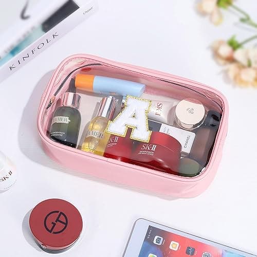 YOOLIFE Graduation Teacher Gifts Initial Clear Makeup Bag Birthday Gift Travel Toiletry Preppy Cosmetic Bags Birthday Gift for Girls Kids Travel Essentials Clear Toiletry Bag A - Large-Pink - A thumbnail 2