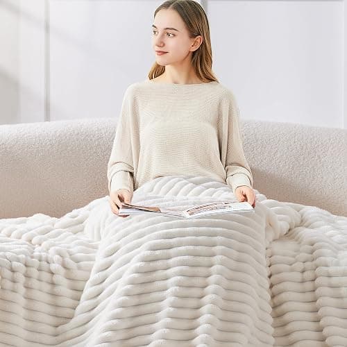BEDELITE Fleece Throw Blanket for Couch - 300GSM Soft & Warm Fluffy Cream White Blanket, Decorative and Giftable Striped Blankets for Women, Men, 50"x60" thumbnail 3