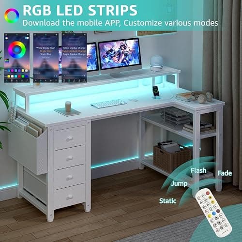 Lufeiya L Shaped Desk with Led Lights and Power Outlets, 47 Inch Writing Study Computer Gaming Desks with Fabric Drawers for Bedroom, Home Office Corner Desk with Monitor Stand Shelves, White thumbnail 4