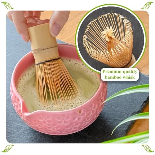 Marce Matcha Whisk Set- Matcha Set includes Matcha Whisk and Bowl with Spout, Sifter, Holder and Scoop- The Perfect Bamboo Whisk for Matcha Tea (Pink Flowers) thumbnail 5