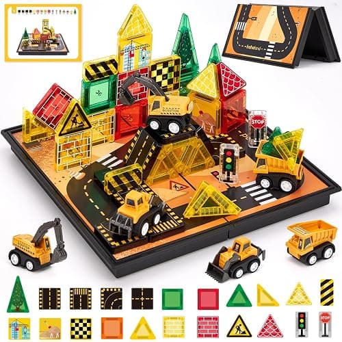 hahaland Mini Magnetic Tiles Travel Construction Toys with Engineering Cars | Magnetic Building Blocks with Vehicles Trucks, Case 2-in-1 Road-Themed Box, Montessori Gifts for 3-6 Year Old Toddler - Image 1