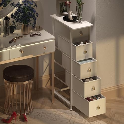 GiftGo Narrow Dresser Cabinet Vertical Slim Dresser Chest of Drawers Skinny Storage Tower for Small Spaces Gaps Closet Bedroom Bathroom Small Fabric Drawer Unit (White, 5 Drawers) thumbnail 4
