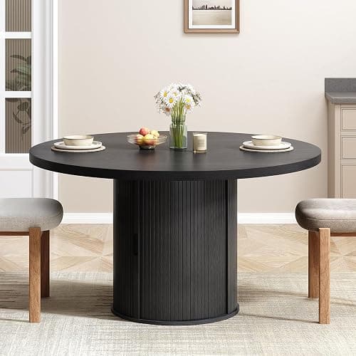 47 inch Round Dining Table for 4, Circle Kitchen Table with 2-Layer Storage Shelf and a Drawer, Modern Farmhouse Dinner Tables with Sliding Door and Wood Strip Base for Kitchen, Living Room (Black) thumbnail 7