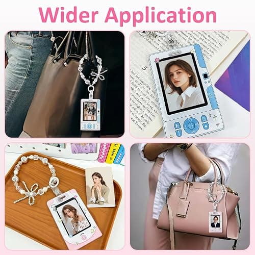 2Pcs Kpop Photocard Holder, 3.5Inch Cute Camera Style Photocard Holder Keychain for Kpop Lovers Girls, Waterproof Cartoon ID Badge Holder for Fan Idol Photo Bus Credit Card with Pearl Bow Bracelet thumbnail 6