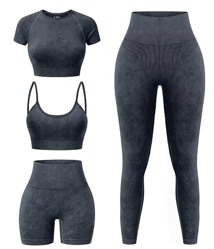 YOAKUKA Women's 4 Piece Workout Sets Seamless Acid Wash Tops Sports Bra High Waist Shorts Leggings Active Set - Image 1