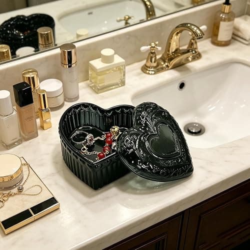 WHSLILR Black Glass Jewelry Box - Heart Shape Cute Box for Storage Ring Earring Trinket Vintage Jewelry Organizer Decorative Gift for Women Girls- 3.66 x 3.54 x 2.26 IN - GRB003-Black thumbnail 2