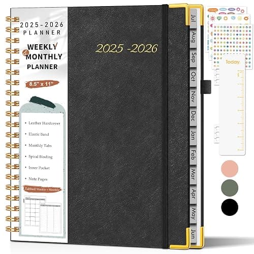 Academic Planner 2025-2026, Weekly and Monthly Calendar Planner from July 2025 - June 2026, 8.5" x 11" Hardcover Leather Hourly Appointment Book with Tabs, Spiral Daily Planners for College School Teacher Student, Black - Image 1