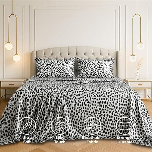 Satin Sheets Queen [4-Piece, Silver Leopard] Hotel Luxury Silky Bed Sheets - Extra Soft 1800 Microfiber Sheet Set, Wrinkle, Fade, Stain Resistant - Deep Pocket Fitted Sheet, Flat Sheet, Pillow Cases | Extra Soft, Hotel Luxury, Silky Bed Sheets, Deep Pocket, Wrinkle, Fade, Fitted Sheet, Flat Sheet, Pillow Cases thumbnail 2