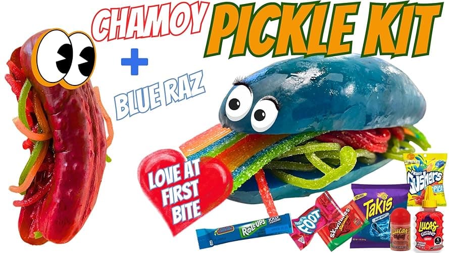 Chamoy Pickle Kit For 2 + Blue Raspberry Pickle Kit Easter Valentines Day Gift Box From Tiktok with Takis chips, Fruit Roll ups, skwinkles and other Mexican candy snacks Variety Pack by Food Crush - Chamoy + Blue Raz Gift Box thumbnail 7