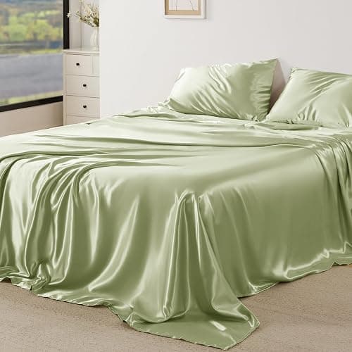 Bedsure Satin Sheets Queen Size - 4 Piece Silky Bedsheets with 15 Inches Deep Pocket Fitted Bedsheet,1 Flat Sheet, 2 Satin Pillowcases, Good for Hair & Skin (Queen, Sage Green) thumbnail 3