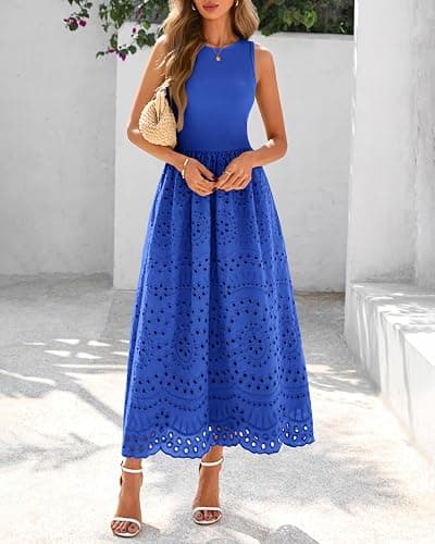 dowerme Women Sleeveless Lace Eyelet Cotton Tank Maxi Dress | Summer Casual Crewneck A-Line Dresses 2026,Fall Knit And Woven Boho Sundress with Pockets,Cute Wedding Beach Vacation Clothes thumbnail 8