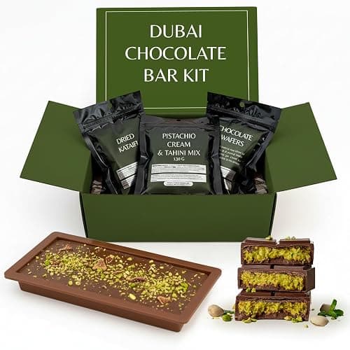 Dubai Chocolate Bar Kit Master Make at Home Set with Pistachio Cream, Tahini Mix, Dried Kataifi, Milk Choco Melting Wafers, Jumbo Bar Mold & Step-by-Step Guide – Unique Premium Gift for Dessert Lovers - Image 1
