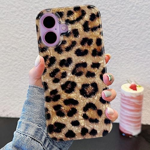 J.west Compatible with iPhone 16 Case 6.1", Classic Soft Sparkly Leopard Print Pearly Thinfoil Animal Design Women Girl Protective Cover Phone Case for 16 Brown Cheetah thumbnail 3