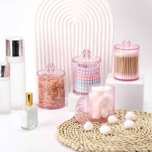 Tbestmax 12 oz & 10 oz Qtip Holder - 4 Pack Restroom Bathroom Organizers and Storage Containers, Pink Plastic Apothecary Jars with Lids for Cotton Swab, Cotton Round Pads, Floss thumbnail 7