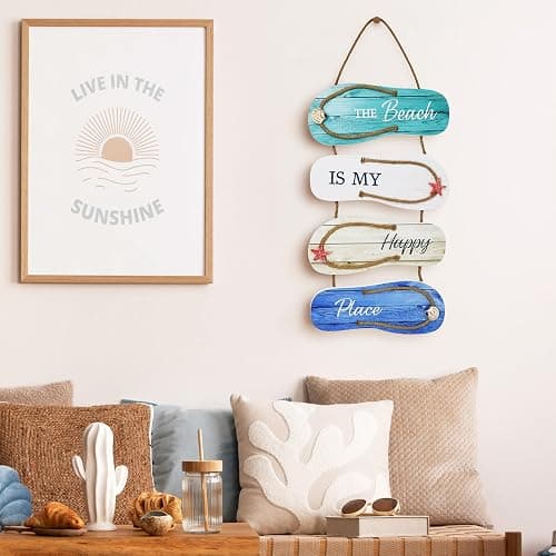 Wooden Flip Flop Beach Decor Sign Nautical Coastal Wood Wall Decor with Rope Hanger Summer Indoor and Outdoor Wall Accent for Bathroom, Bedroom & Living Room thumbnail 7
