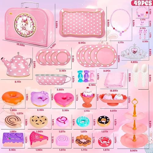 Hohosunlar Tea Party Set for Little Girls, Princess Tea Time Toy for Toddler, Tin Tea Set Include Tea Cups Teapot Dessert Kitchen Pretend Play with Carrying Case, Easter Birthday Gift for Kids Age 3-8 thumbnail 2