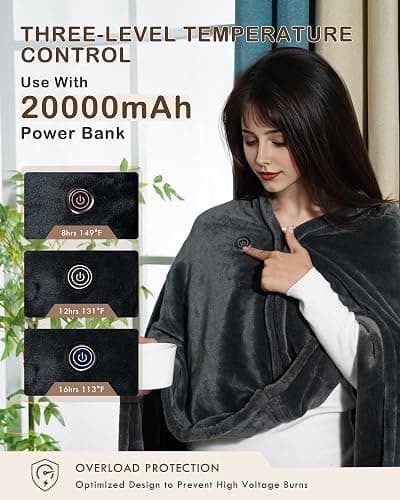 MIMYTH Cordless Heated Blanket, Cozy Portable Heated Blanket Battery Operated w/Hoodie, 3 Temp, 20000 mAh, Camping Wearable Heating Blanket for Car, Heated Throw Cordless thumbnail 3