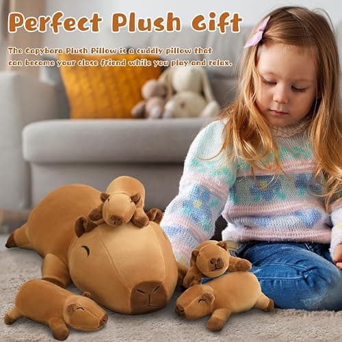 TOYSYM Capybara Plush Cute Capybara Stuffed Animal Pillow with 4 Baby Plushies in Her Tummy, Soft Cotton Stuffed Animals Toy Gifts for Kids thumbnail 2