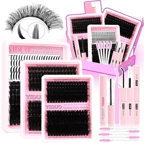 YIDUO 575Pcs Lashes Clusters Kit with Glue and Removers, D Curl Volume 150D+200D Thick+Spiky Lashes Extension, 12-21mm Thick Extension Eyelashes DIY Individual False Eyelash Kit DIY at Home Easily - Image 1