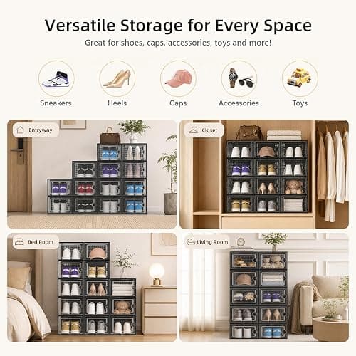 Kuject X-Large Shoe Storage Boxes 12 Pack, Clear Stackable Shoe Organizer | Shoe Case for Closet, Entryway & Under-Bed Storage, Drop-Front Design, Space-Saving Solution for Family Organization,Black thumbnail 6