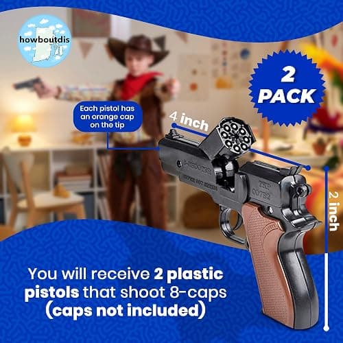 Cap Plastic Pistol Toy Gun for Kids - (2) Pistols per Order - Kid Safe for Action Fun - Birthdays, Holidays, Prizes, Costume Accesory thumbnail 4