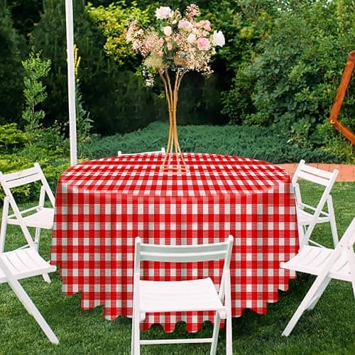 RINDOJIN 2 Pack Red Gingham Tablecloth Round 84 x 84 Inch Round Plastic Checkered Table Cloth Disposable Plaid Table Cover for Picnic Party Birthday Wedding Baby Shower Christmas Circle Red Tablecloth thumbnail 2