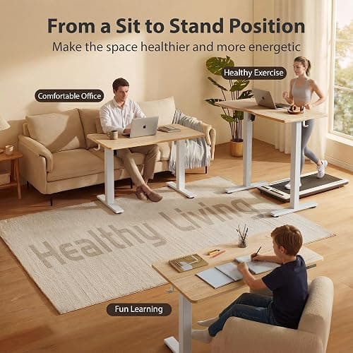 Cubiker Standing Desk, 48x24 Inches Sit Stand Home Office Desk, Electric Stand up Desk, Adjustable Desk with Splice Board, White Frame/Maple Top thumbnail 2