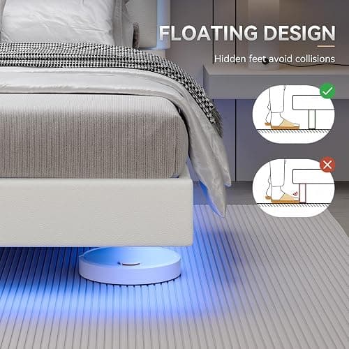 IMMERSTABLE Full Size Floating Bed Frame with LED Lights, Upholstered Platform Bed with Headboard, 11 in Storage Clearance, Solid Wood Slats, No Box Spring Needed, Easy Assembly, White thumbnail 4