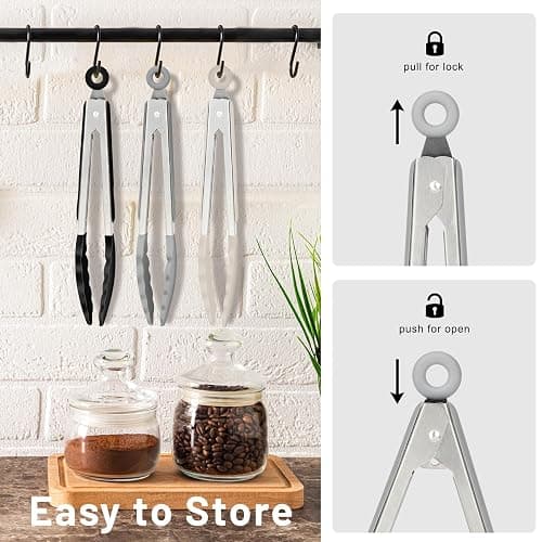 Hotec Mini Silicone Kitchen Tongs for Cooking - 7-Inch Small Serving Tongs with Silicone Tips, Set of 3 (Black,Grey,Khaki) thumbnail 7