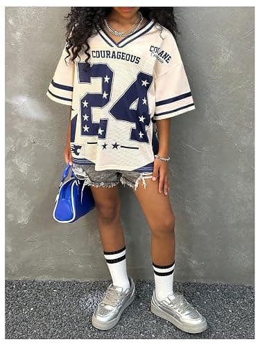 RoseSeek Girl's Y2K Mesh Oversized Jersey Tops Number Star Graphic Tees Vintage V Neck T Shirts thumbnail 5