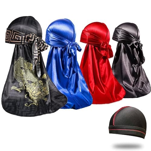 4PCS Silky Durags for Men 360 Waves, Designer Do Rag, 1 Wave Cap - Image 1