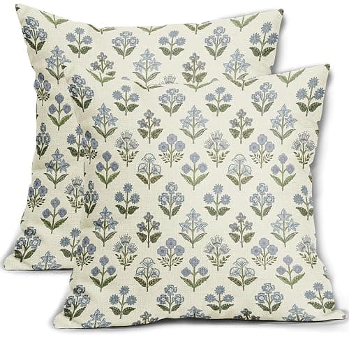 Sivirary Blue Green Block Print Pillow Covers 18x18 Inch Set of 2, Vintage Floral Spring Decorative Throw Pillow Cases Boho Cushion Covers Rustic Decoration Gift Farmhouse Sofa Couch Bed Decor - Image 1