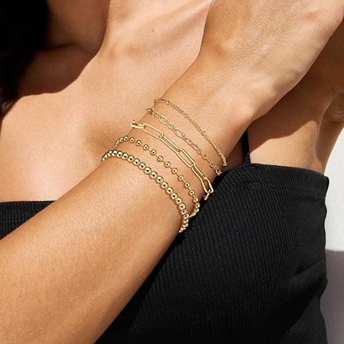 DEARMAY Waterproof Gold Plated Bracelets Set for Women Trendy, Dainty 14K Gold Jewelry Fashion Stackable Tennis Beaded Figaro Herringbone Paperclip Link Bracelet Pack Stack Gifts for Women thumbnail 6