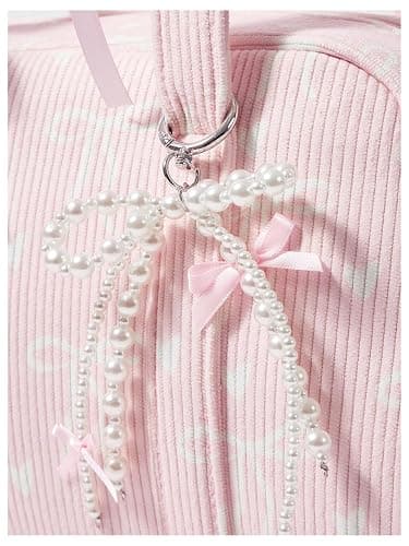 RoseSeek Women's Y2K Corduroy Bow Print Shoulder Bag Heart Zipper Double Handle Underarm Preppy Uniform Bags thumbnail 5