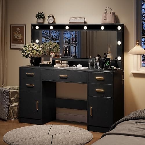 TOKSOM 44.8" Large Vanity Desk with Lighted Mirror & Power Outlet, Black Makeup Vanity Desk with Mirror and Lights, Black Vanity Table with 5 Drawers and 2 Cabinets, Dressing Table for Bedroom thumbnail 6