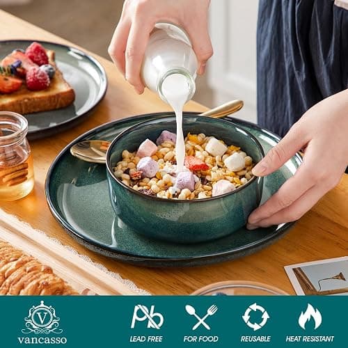 vancasso Starry 18 Pieces Dinnerware Sets for 6, Green Reactive Glaze Dishes Sets, Ceramic Plates and Bowls Set, Dinner Salad Dessert Plates, and Cereal Bowls Set, Dishwasher and Microwave Safe thumbnail 4