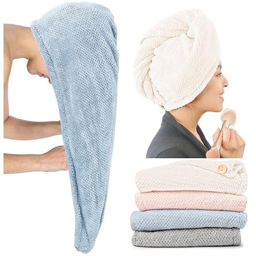 ROLSHOL 4 Pack Extra Large Microfiber Hair Towel Wraps for Women | Super Absorbent, Quick-Dry Hair Drying Towel with Button, Anti-Frizz Hair Turban for Curly, Long & Short Hair - Image 1