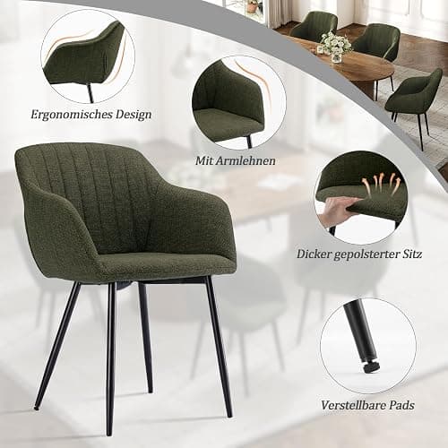 Goeurvant Esszimmerstühle 6er Set mit Armlehne, Polsterstuhl aus Leinen, Küchenstuhl mit Metallbeinen & verstellbaren Fußkappen, Moderne Armlehnenstuhl für Esszimmer, Wohnzimmer, Grasgrün thumbnail 5