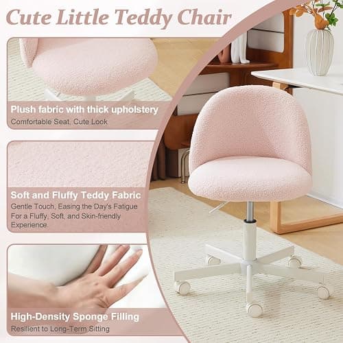 VINGLI Cute Candy Chair Armless Comfy Small Office Desk Vanity Chair with Wheels & Lumbar Support,Teddy Adjustable Rolling Swivel Computer Task Ch for Home Office,Bedroom,Gentle Pink thumbnail 4